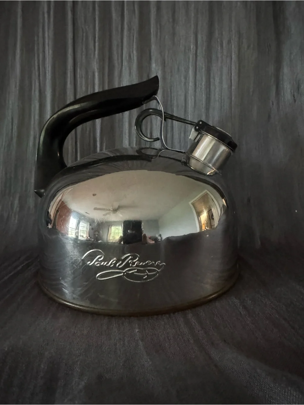 Paul Revere Stainless Steel Tea Kettle with Black Handle